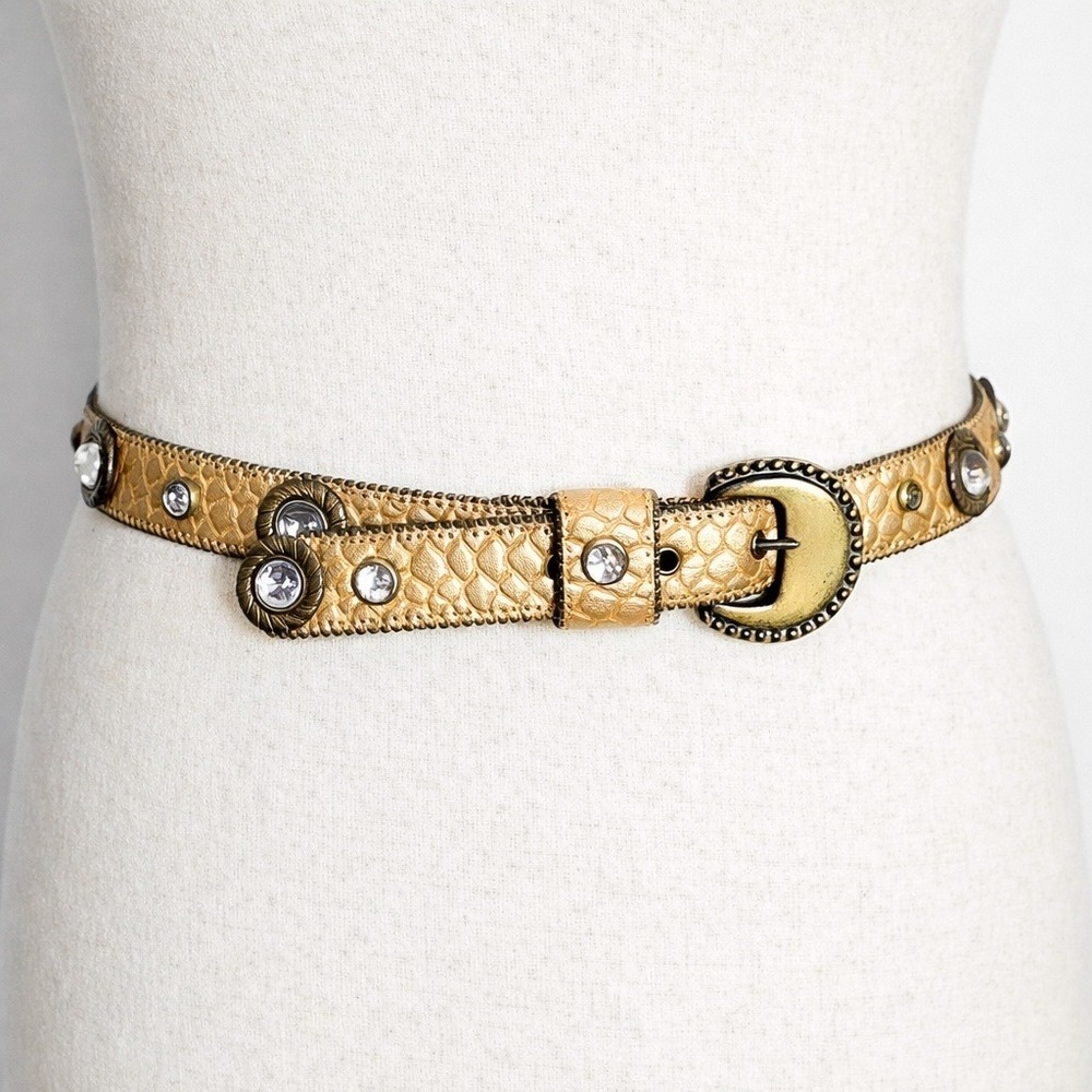 Vintage Gold Embossed Leather Crystal Studded Brass Buckle 80s Glam Belt M/L